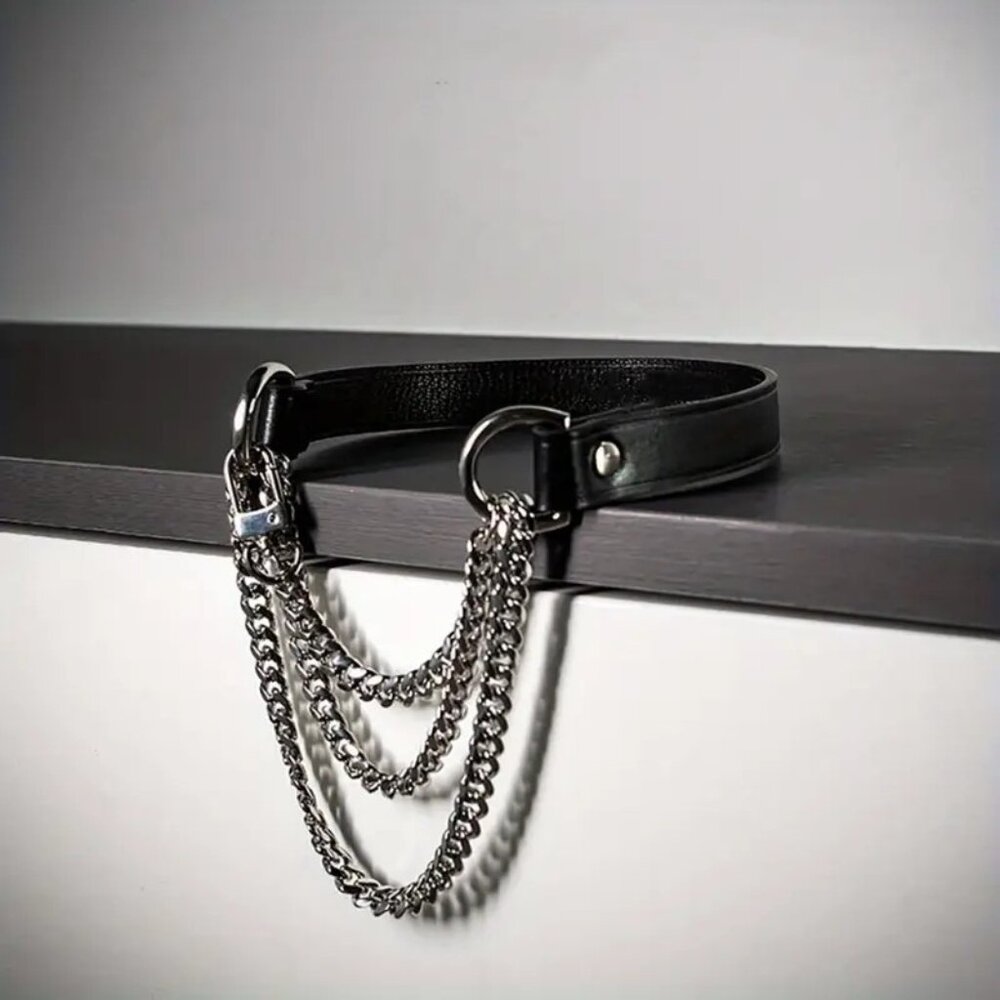 New Genuine Leather Gothic Choker Punk Collar Black Metal Chains Necklace Unisex - Picture 3 of 3